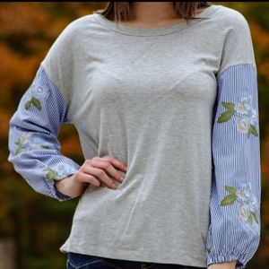 Les Amis Stripes Floral Embellishments Blouse